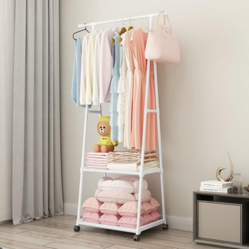 Porte-vêtements portable en acier inoxydable avec roulettes – étagère triangulaire à 2 couches et crochets, pour maison ou bureau